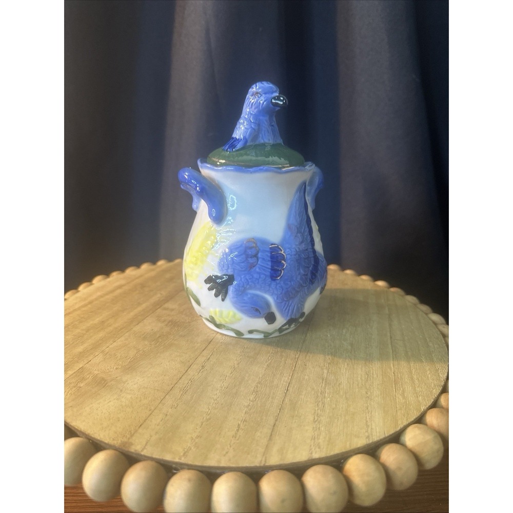 Handmade Ceramic Container Jar Lid Blue Bird Of Happiness Whimsical